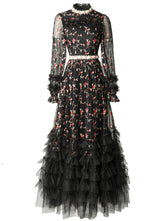 Luxury Black Tulle Floral Embroidered Long Sleeve Maxi Dress Ruffled High-Neck Evening Wear